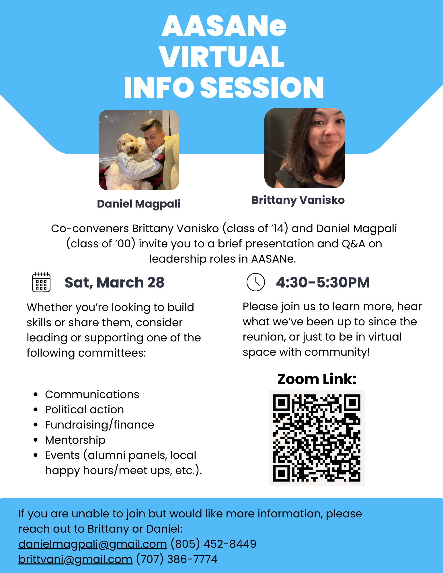 Flyer with information about a Zoom info session for the Asian Americna Studies Alumni Network